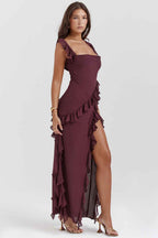 Draped Waterfall Neck Maxi Dress with Ruffles and Split