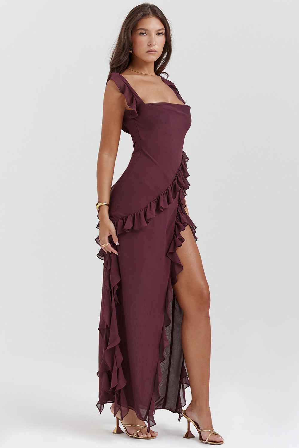 Maxi-jurk met gedrapeerde watervalhals, ruches en split