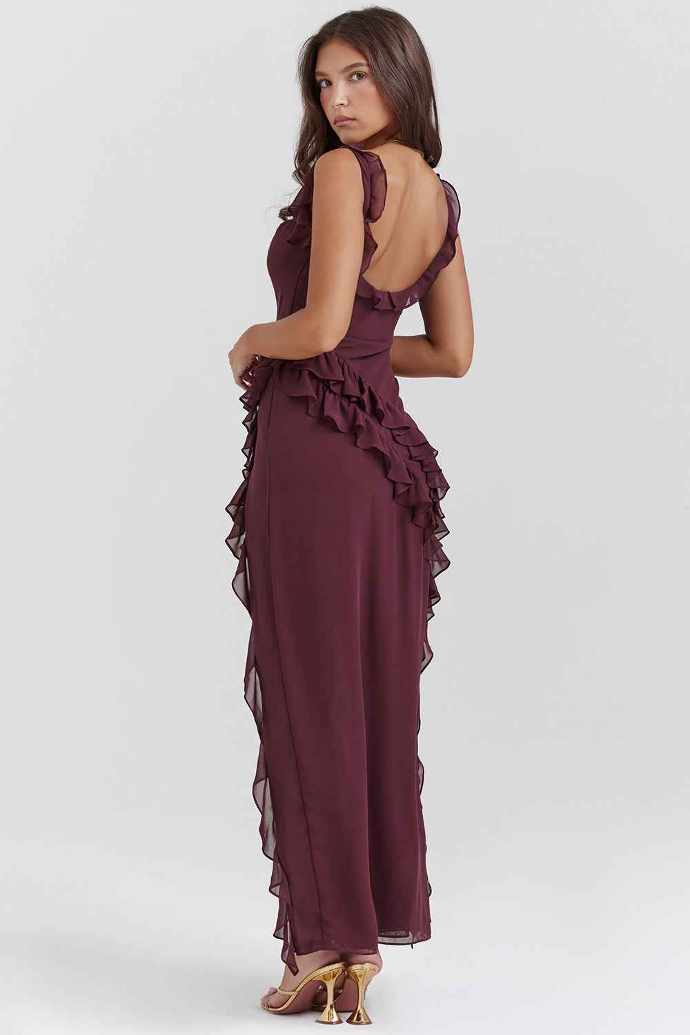 Draped Waterfall Neck Maxi Dress with Ruffles and Split