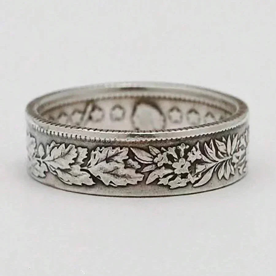 Vintage-Style Silver-Plated Snowflake and Coin Pattern Ring