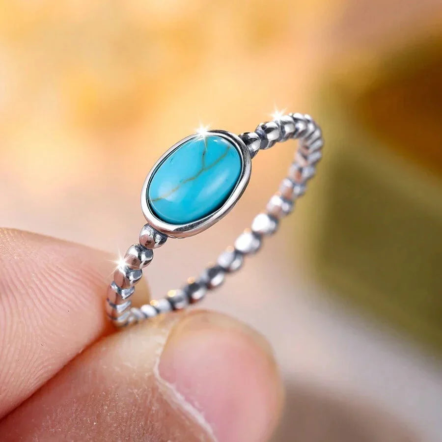 Bohemian Silver-Plated Oval Turquoise Beaded Ring