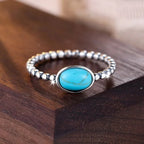 Bohemian Silver-Plated Oval Turquoise Beaded Ring