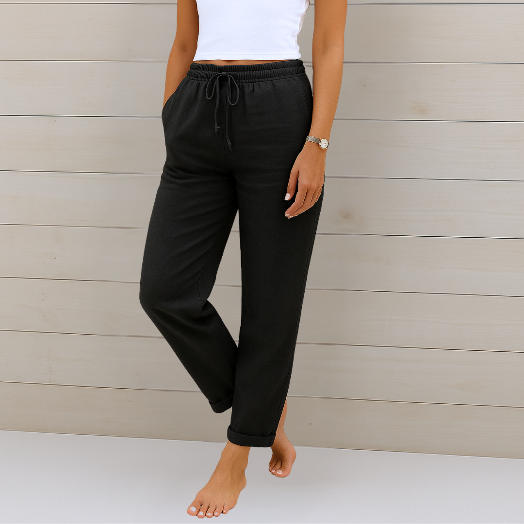 Linen Straight-Leg Trousers with a Drawstring Tie