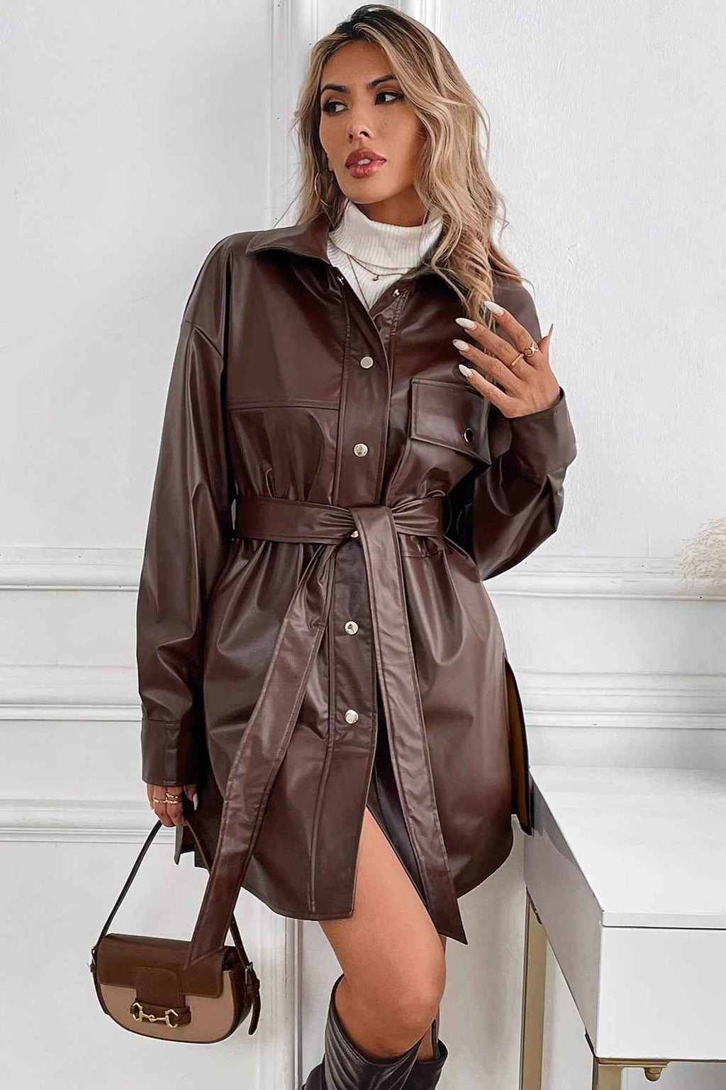 Mid Length Faux Leather Coat with Notched Collar and Belt