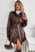 Mid Length Faux Leather Coat with Notched Collar and Belt