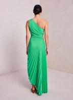 One-Shoulder Pleated Asymmetric Hem Maxi Dress