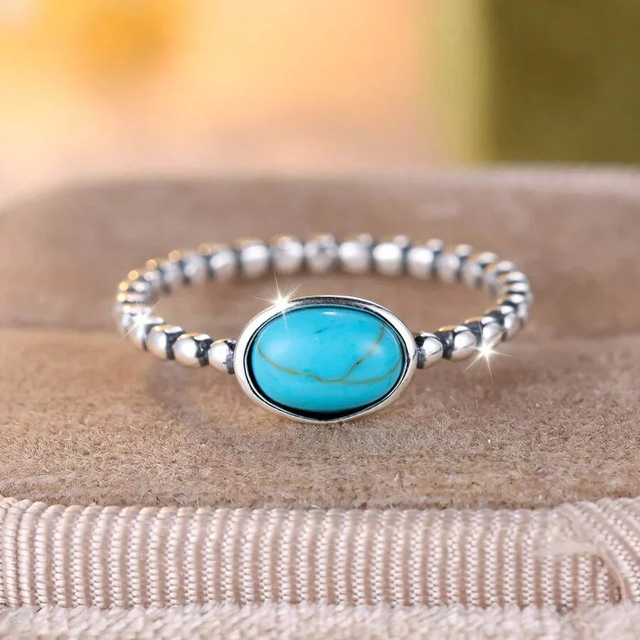 Bohemian Silver-Plated Oval Turquoise Beaded Ring