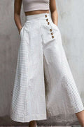 Pinstripe Wide-Leg Trousers with Side Button Detail
