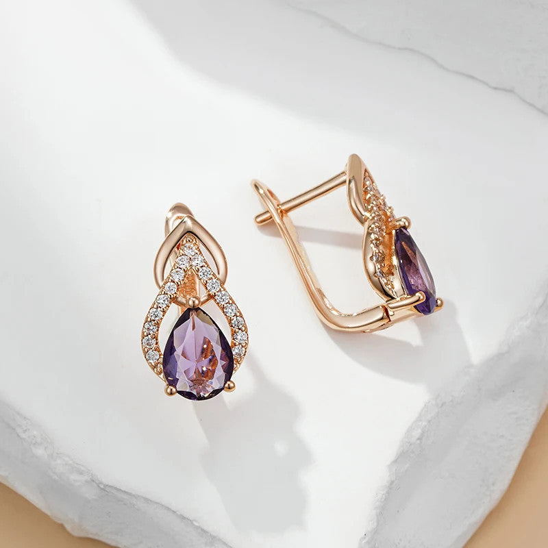 Vintage Gold-Plated Purple Cubic Zirconia Drop Earrings