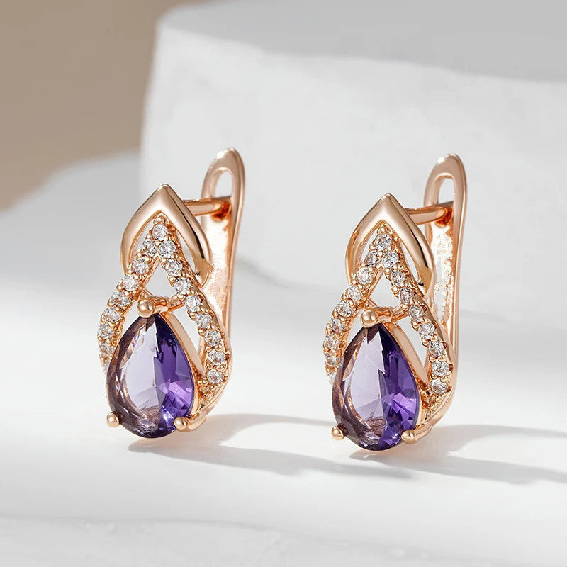 Vintage Gold-Plated Purple Cubic Zirconia Drop Earrings