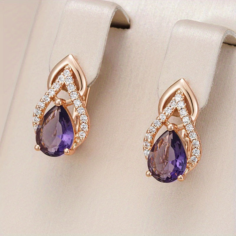 Vintage Gold-Plated Purple Cubic Zirconia Drop Earrings
