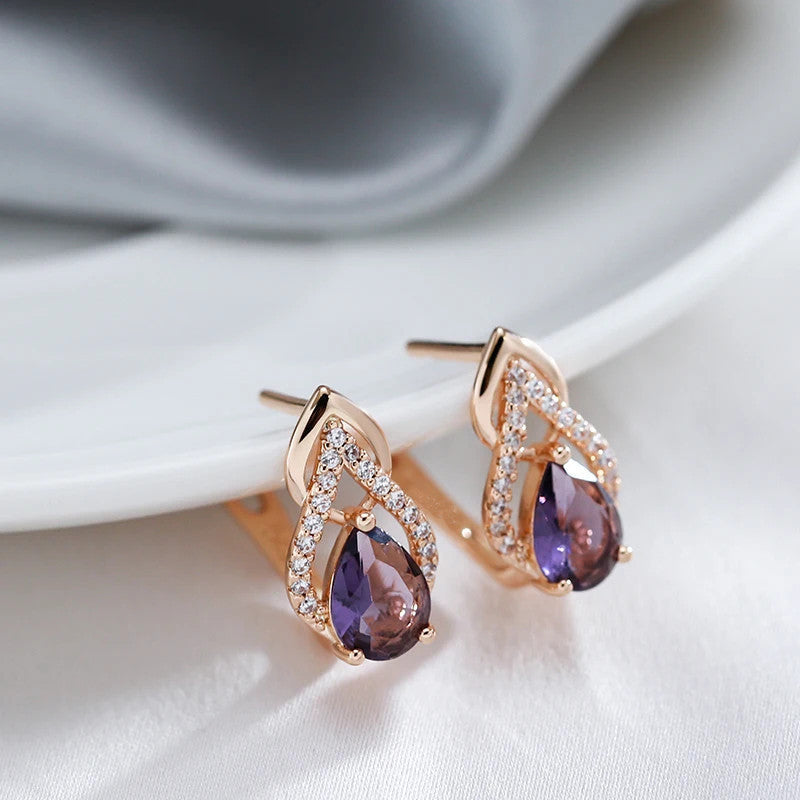 Vintage Gold-Plated Purple Cubic Zirconia Drop Earrings