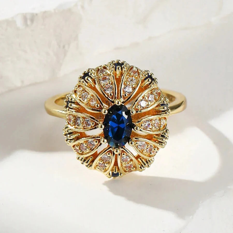Gold-Plated Sunflower Blue Zirconia Inlaid Ring