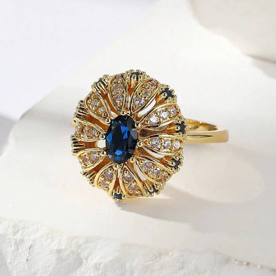 Gold-Plated Sunflower Blue Zirconia Inlaid Ring