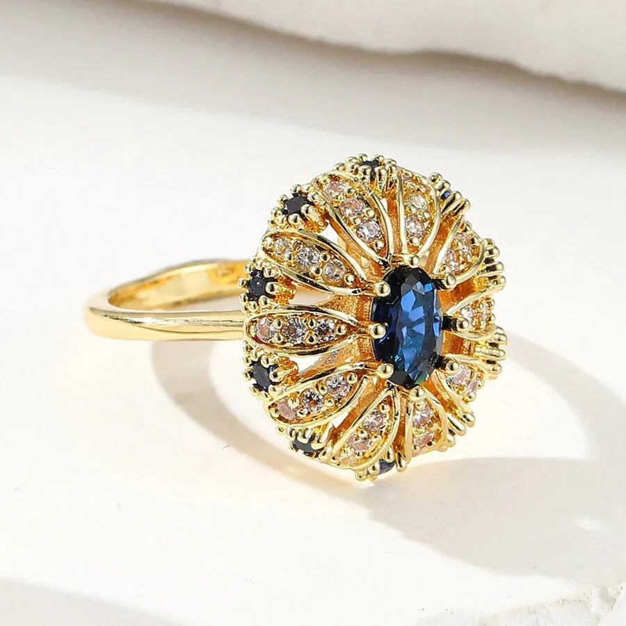 Gold-Plated Sunflower Blue Zirconia Inlaid Ring