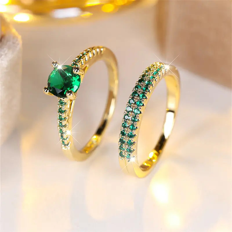 Emerald-Look Duo Ring Set in Gold Tone