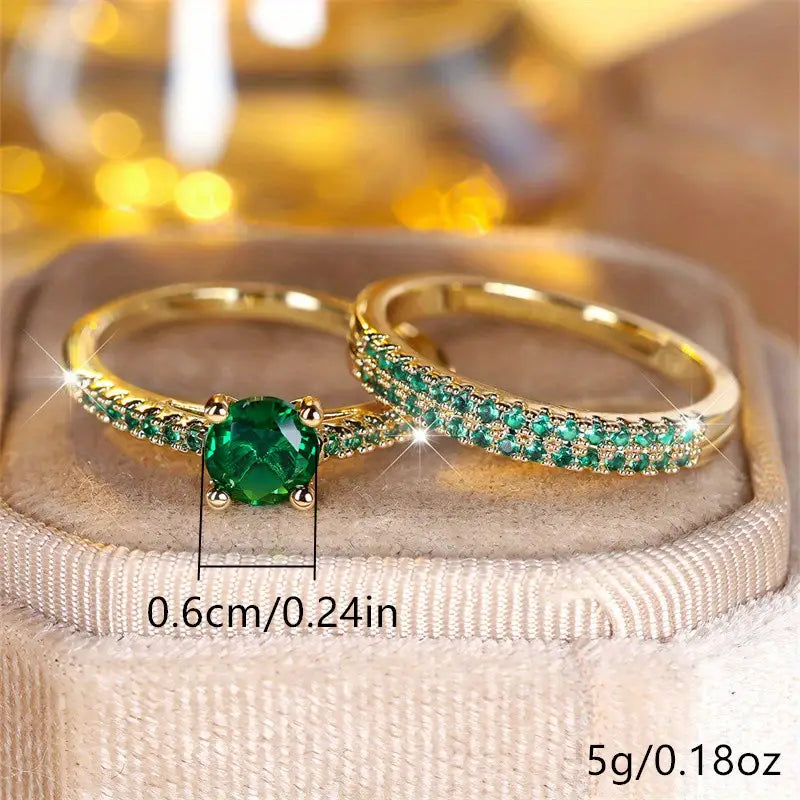 Emerald-Look Duo Ring Set in Gold Tone
