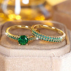 Emerald-Look Duo Ring Set in Gold Tone