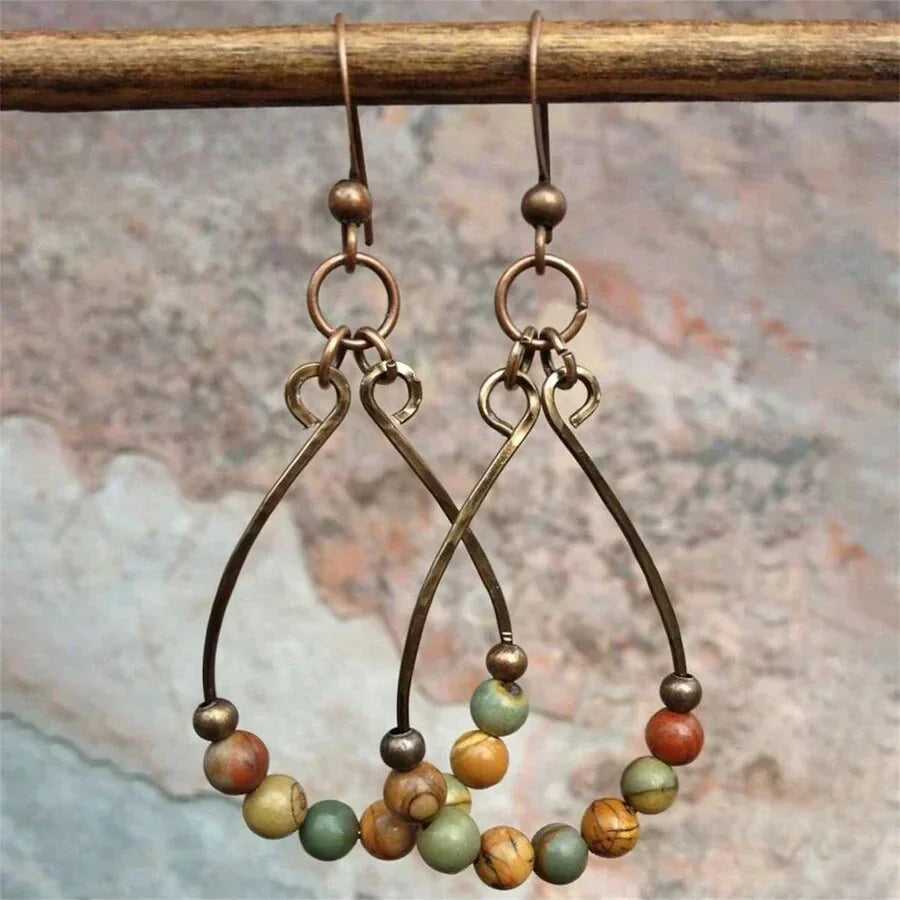 Bohemian Copper-Tone Teardrop Hoop Earrings with Beads