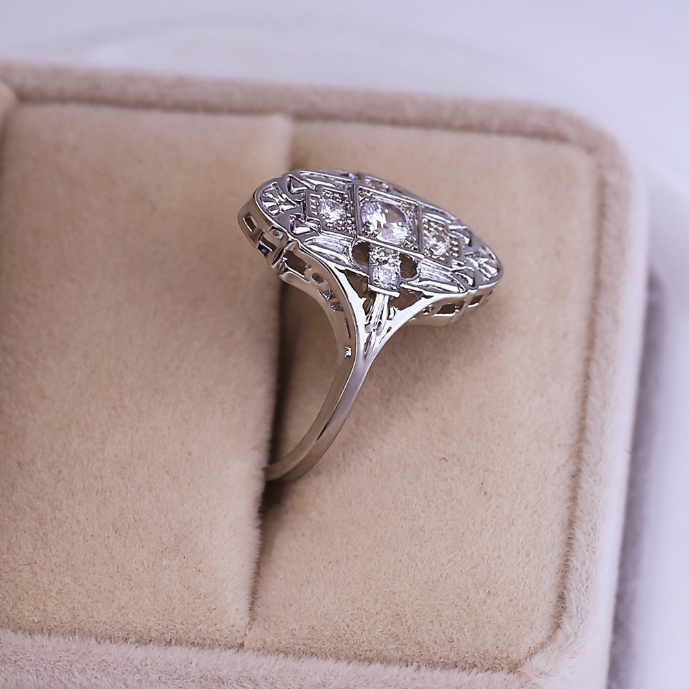 Vintage-Style Diamond-Look Silver-Plated Ring