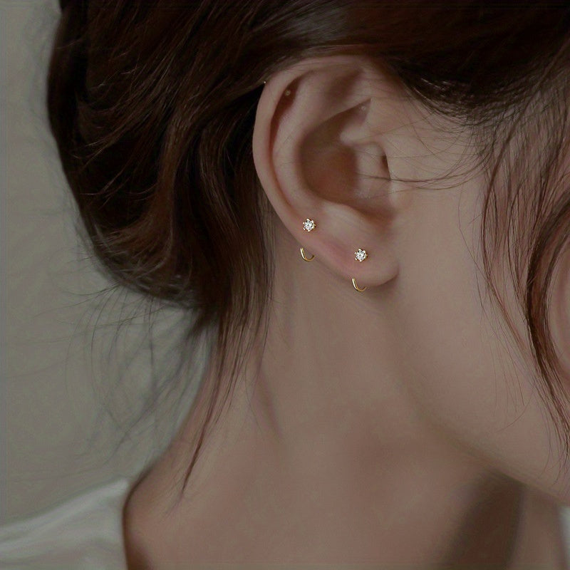 C-Shaped Inlaid Zirconia Minimalist Earrings