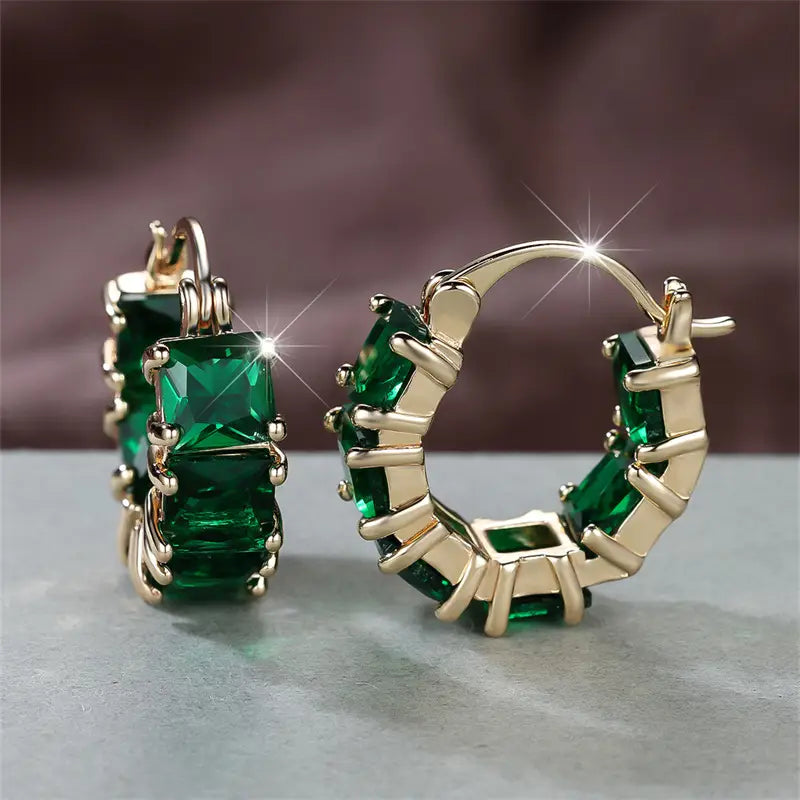 Green Baguette Stone Hoop Earrings