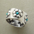 Bohemian Silver-Tone Flower Turquoise Wide Ring