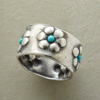 Bohemian Silver-Tone Flower Turquoise Wide Ring