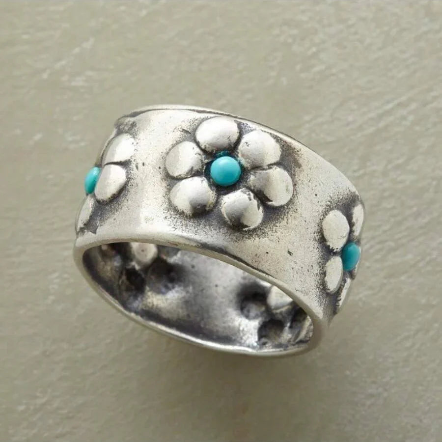 Bohemian Silver-Tone Flower Turquoise Wide Ring