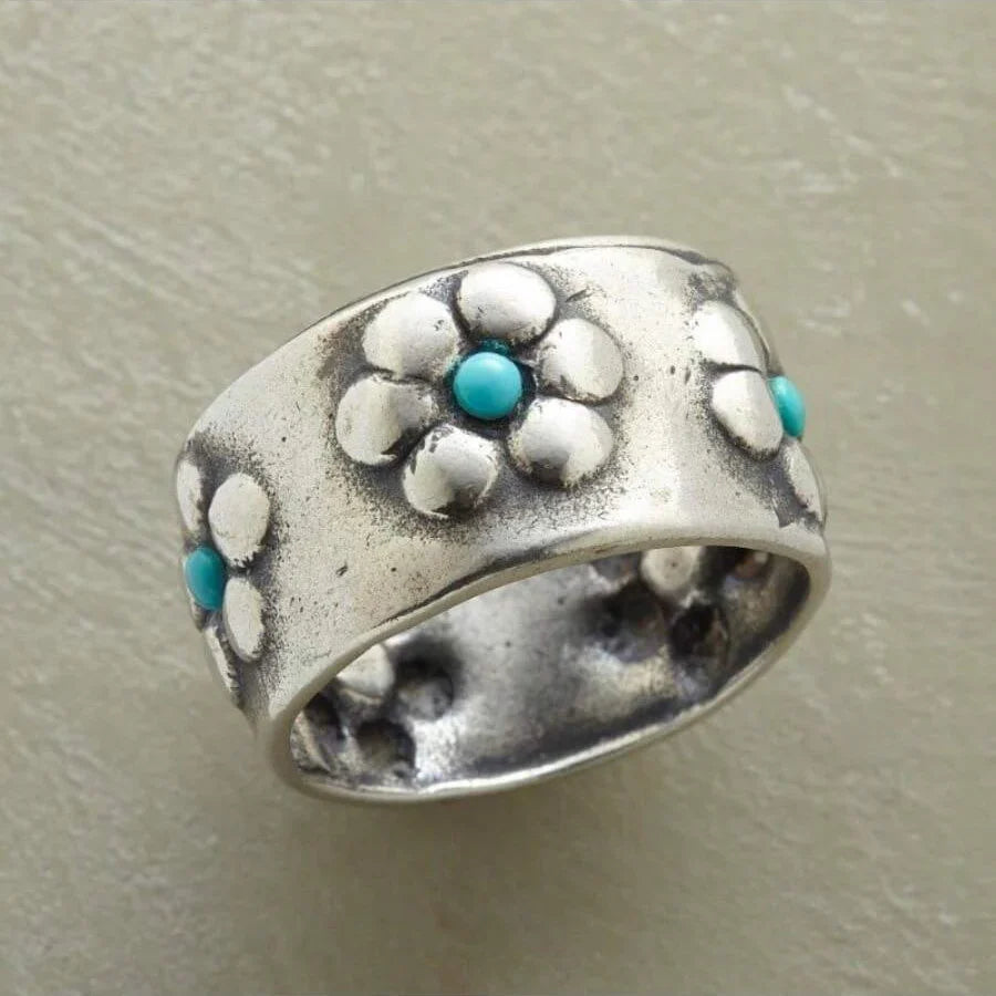 Bohemian Silver-Tone Flower Turquoise Wide Ring