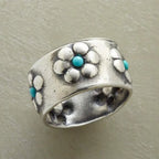 Bohemian Silver-Tone Flower Turquoise Wide Ring