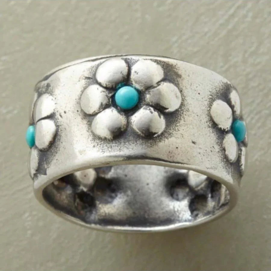 Bohemian Silver-Tone Flower Turquoise Wide Ring