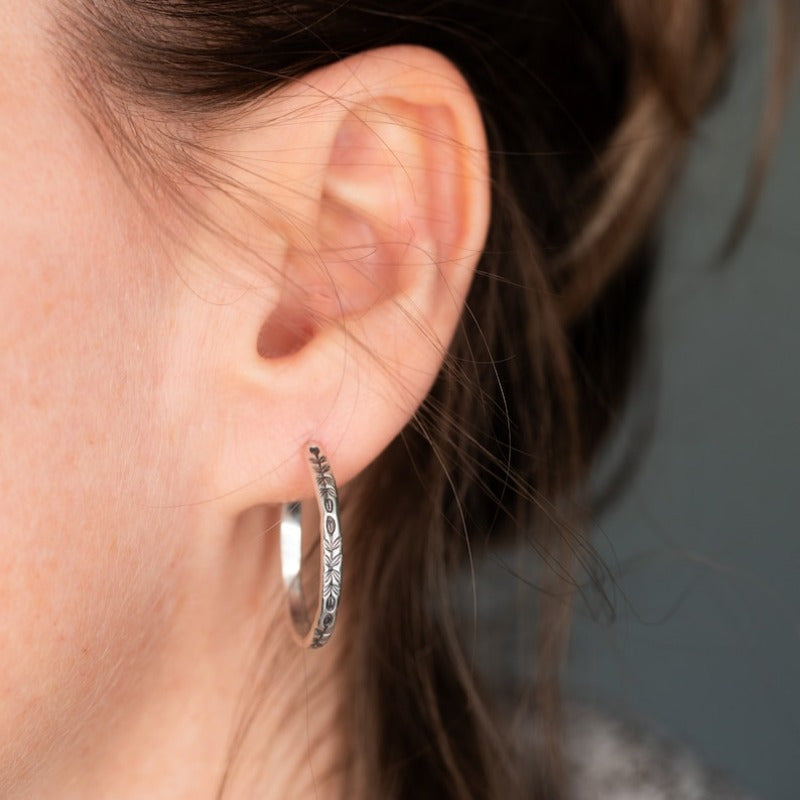 Vintage Botanical Engraved Silver-Tone Hoop Earrings