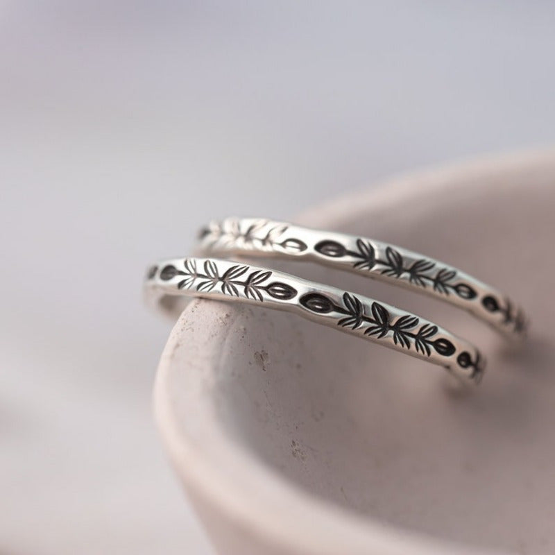 Vintage Botanical Engraved Silver-Tone Hoop Earrings