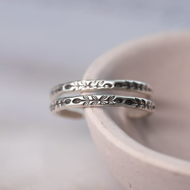 Vintage Botanical Engraved Silver-Tone Hoop Earrings