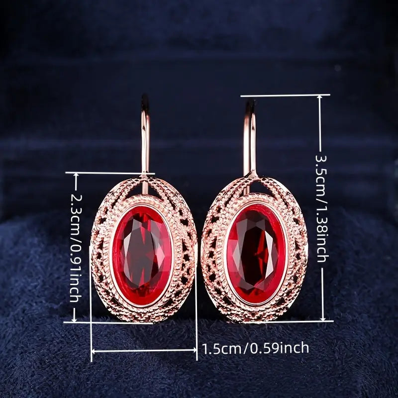 Red Stone Filigree Leverback Earrings in Rose Gold Tone
