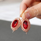 Red Stone Filigree Leverback Earrings in Rose Gold Tone