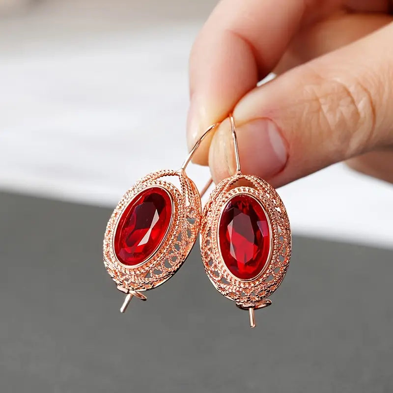 Red Stone Filigree Leverback Earrings in Rose Gold Tone