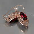 Red Stone Filigree Leverback Earrings in Rose Gold Tone
