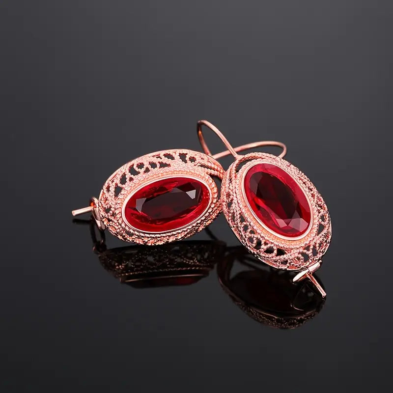 Red Stone Filigree Leverback Earrings in Rose Gold Tone