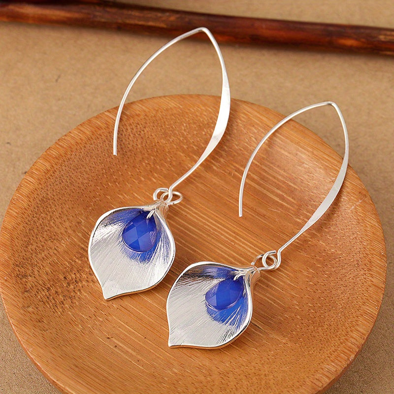 Blue Rhinestone Petal Drop Earrings