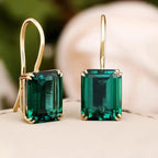 Green Emerald-Cut Stone Drop Earrings in Gold Tone