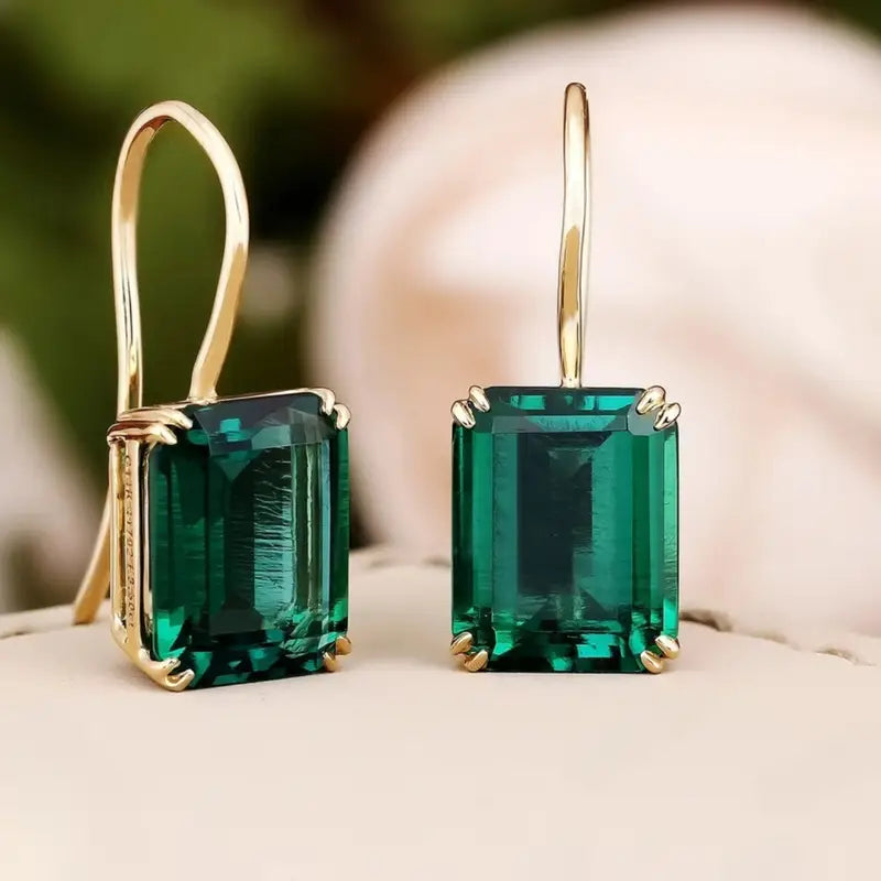 Green Emerald-Cut Stone Drop Earrings in Gold Tone
