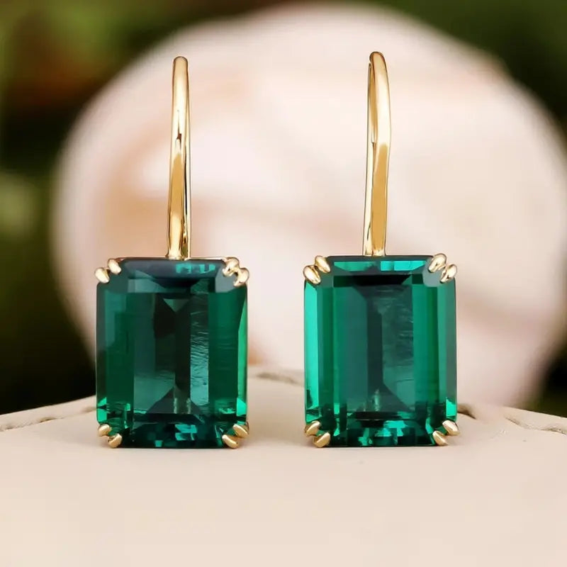 Green Emerald-Cut Stone Drop Earrings in Gold Tone