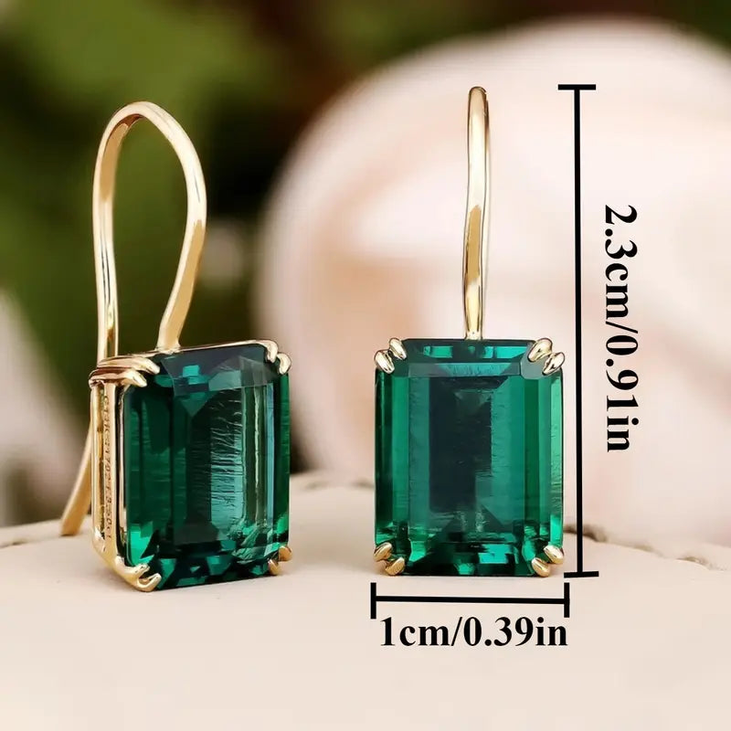 Green Emerald-Cut Stone Drop Earrings in Gold Tone