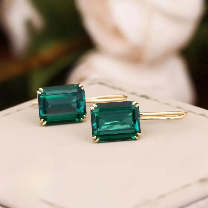 Green Emerald-Cut Stone Drop Earrings in Gold Tone