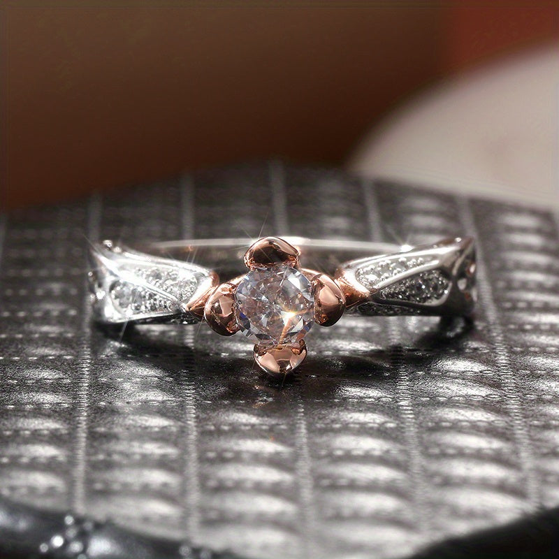 Silver-Plated Two-Tone Rose Flower Zirconia Ring