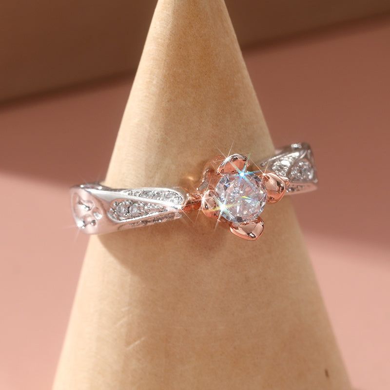 Silver-Plated Two-Tone Rose Flower Zirconia Ring