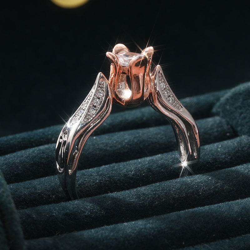 Silver-Plated Two-Tone Rose Flower Zirconia Ring