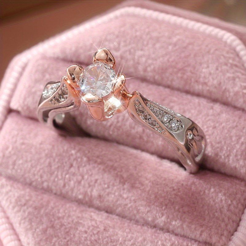 Silver-Plated Two-Tone Rose Flower Zirconia Ring